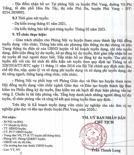 UBND huyện Phú Vang, Thừa Thiên Huế tuyển dụng viên chức năm 2020