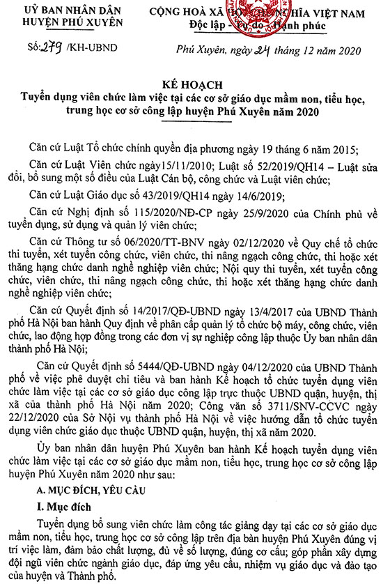 UBND huyện Phú Xuyên, TP. Hà Nội tuyển dụng giáo viên và nhân viên trường học năm 2020