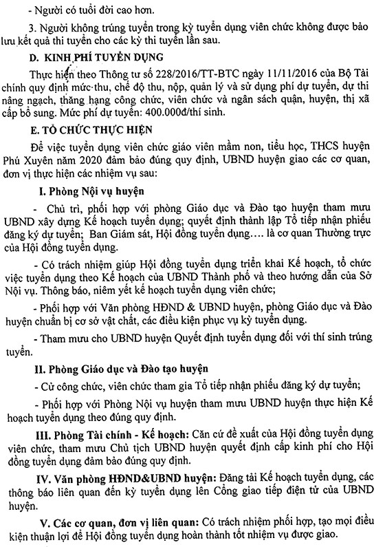 UBND huyện Phú Xuyên, TP. Hà Nội tuyển dụng giáo viên và nhân viên trường học năm 2020