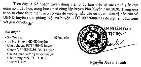 UBND huyện Phú Xuyên, TP. Hà Nội tuyển dụng giáo viên và nhân viên trường học năm 2020