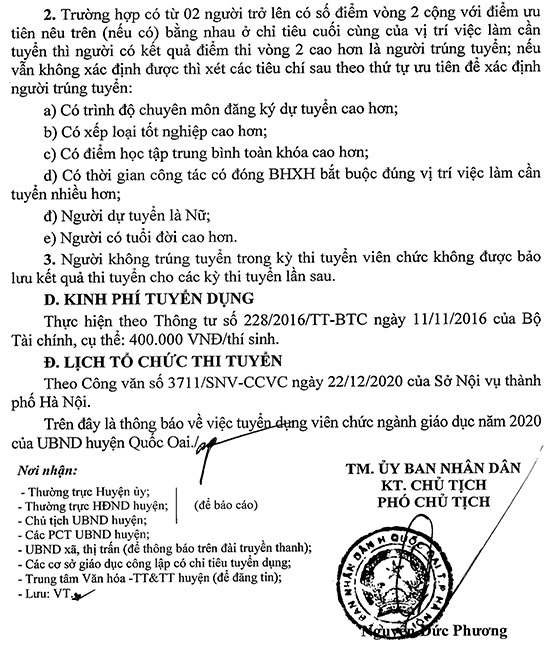 UBND huyện Quốc Oai, TP. Hà Nội tuyển dụng giáo viên và nhân viên các khối năm 2020
