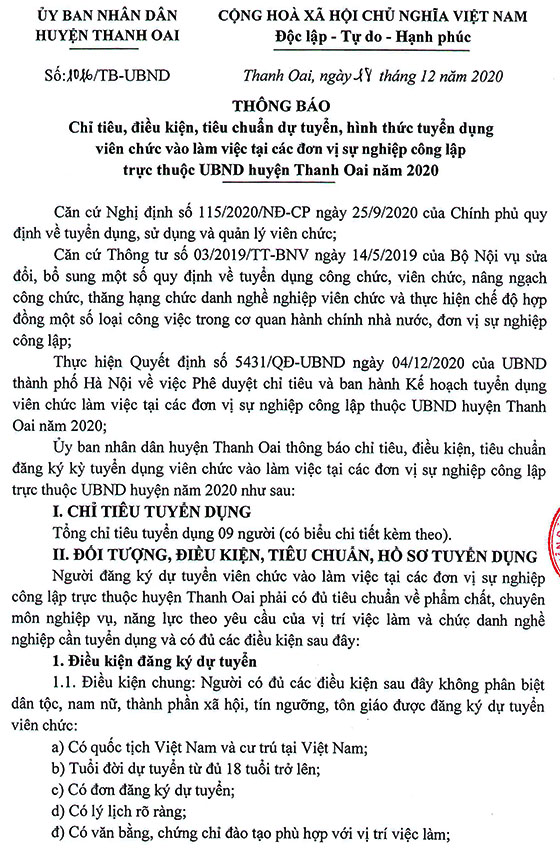 UBND huyện Thanh Oai, TP.Hà Nội tuyển dụng viên chức năm 2020
