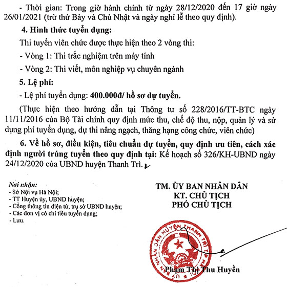 UBND huyện Thanh Trì, TP.Hà Nội tuyển dụng giáo viên và nhân viên nhà trường năm 2020