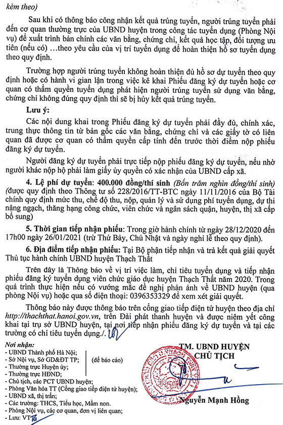 UBND huyện Thạch Thất, TP. Hà Nội tuyển dụng giáo viên và nhân viên trường học năm 2020