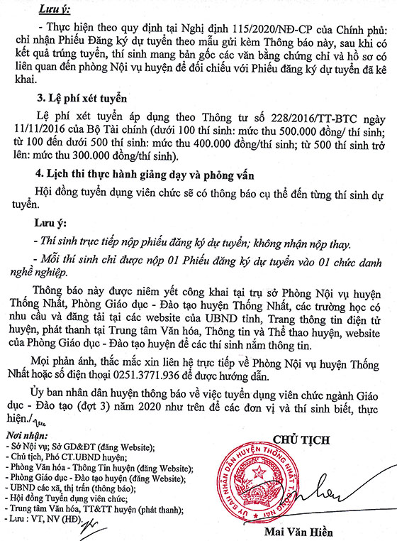 UBND huyện Thống Nhất, Đồng Nai tuyển dụng giáo viên và nhân viên trường học đợt 3 năm 2020