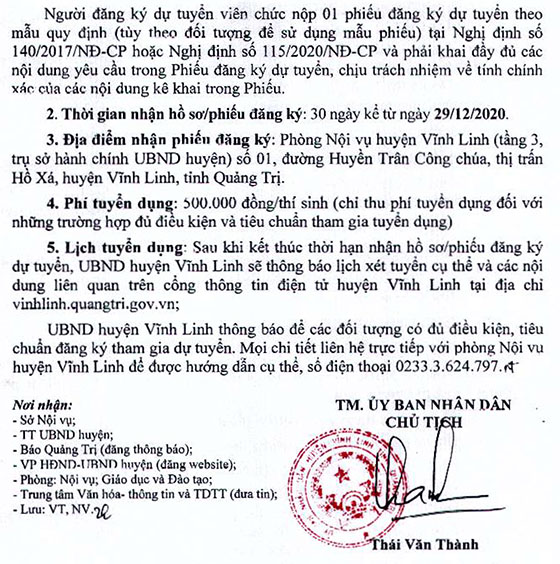 UBND huyện Vĩnh Linh, Quảng Trị tuyển dụng giáo viên năm 2020