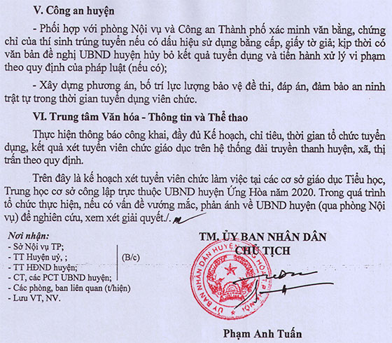 UBND huyện Ứng Hòa, TP.Hà Nội tuyển dụng giáo viên và nhân viên trường học năm 2020