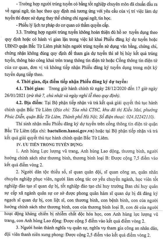UBND quận Bắc Từ Liêm, TP.Hà Nội tuyển dụng viên chức năm 2020