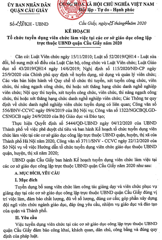 UBND quận Cầu Giấy, TP.Hà Nội tuyển dụng giáo viên và nhân viên trường học năm 2020