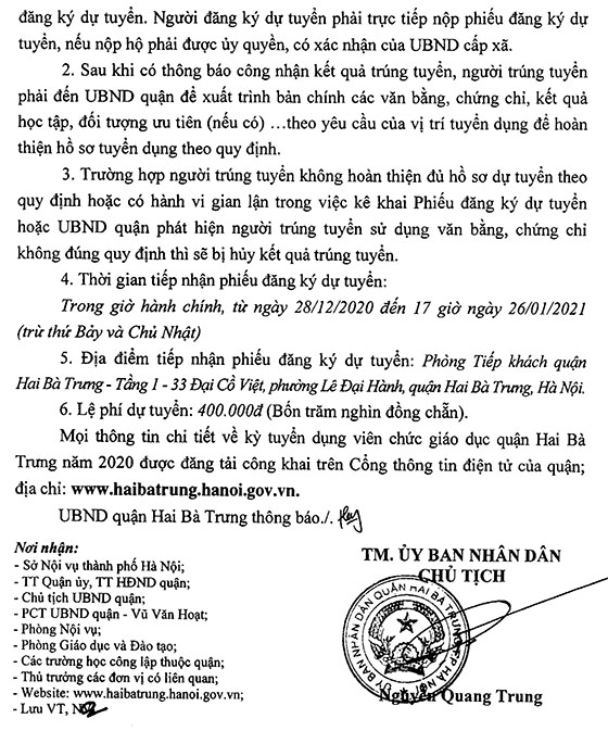 UBND quận Hai Bà Trưng, TP.Hà Nội tuyển dụng giáo viên và nhân viên trường học năm 2020