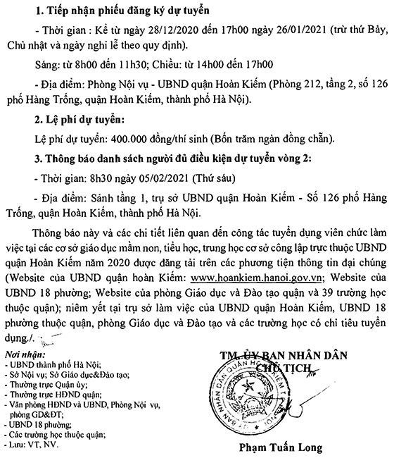 UBND quận Hoàng Kiếm, TP.Hà Nội tuyển dụng giáo viên và nhân viên trường học năm 2020
