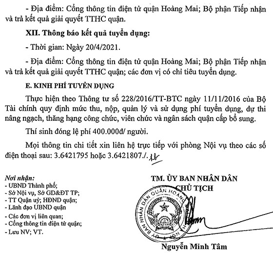 UBND quận Hoàng Mai, TP.Hà Nội tuyển dụng giáo viên và nhân viên trường học năm 2020