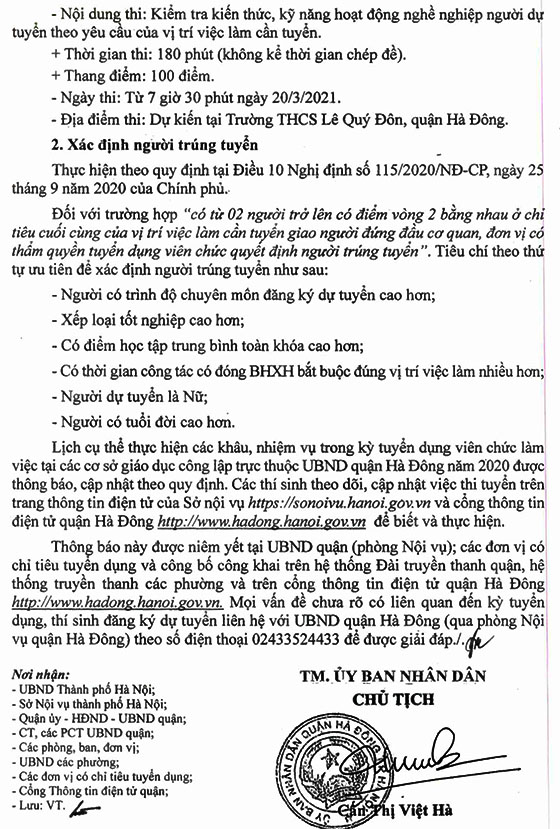 UBND quận Hà Đông, TP.Hà Nội tuyển dụng giáo viên năm 2020