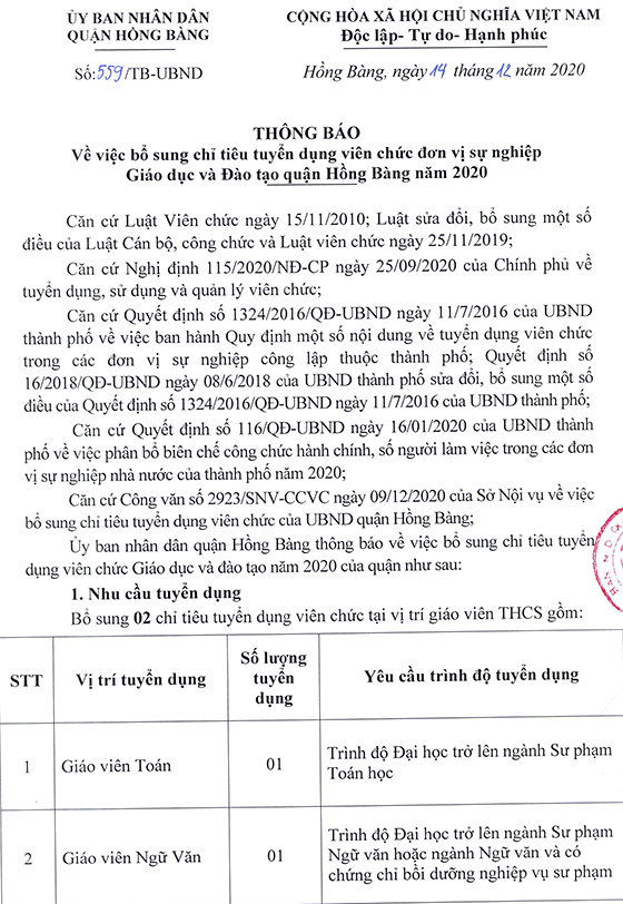 UBND quận Hồng Bàng, Hải Phòng tuyển dụng viên chức giáo dục năm 2020