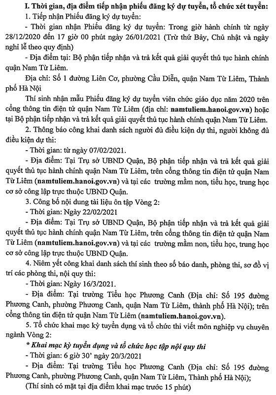 UBND quận Nam Từ Liêm, TP.Hà Nội tuyển dụng giáo viên và nhân viên trường học các cấp năm 2020