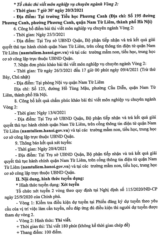 UBND quận Nam Từ Liêm, TP.Hà Nội tuyển dụng giáo viên và nhân viên trường học các cấp năm 2020