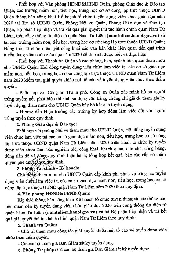 UBND quận Nam Từ Liêm, TP.Hà Nội tuyển dụng giáo viên và nhân viên trường học các cấp năm 2020