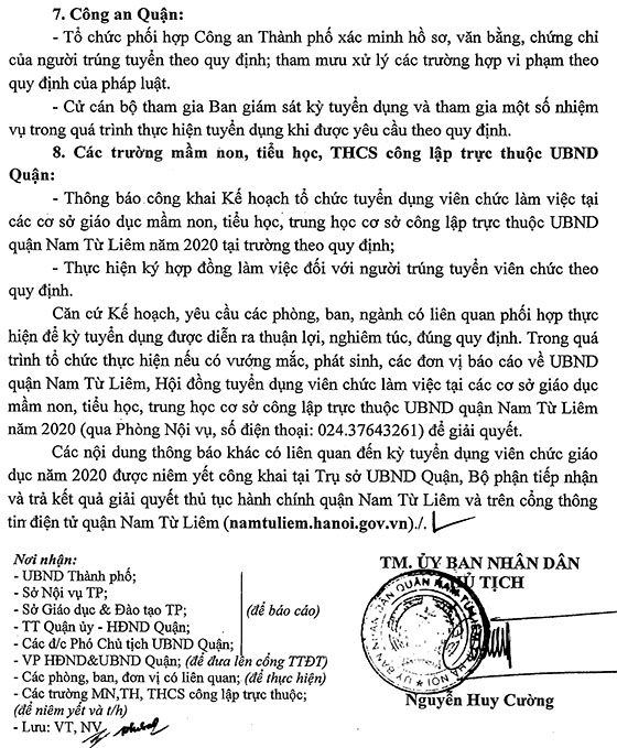 UBND quận Nam Từ Liêm, TP.Hà Nội tuyển dụng giáo viên và nhân viên trường học các cấp năm 2020