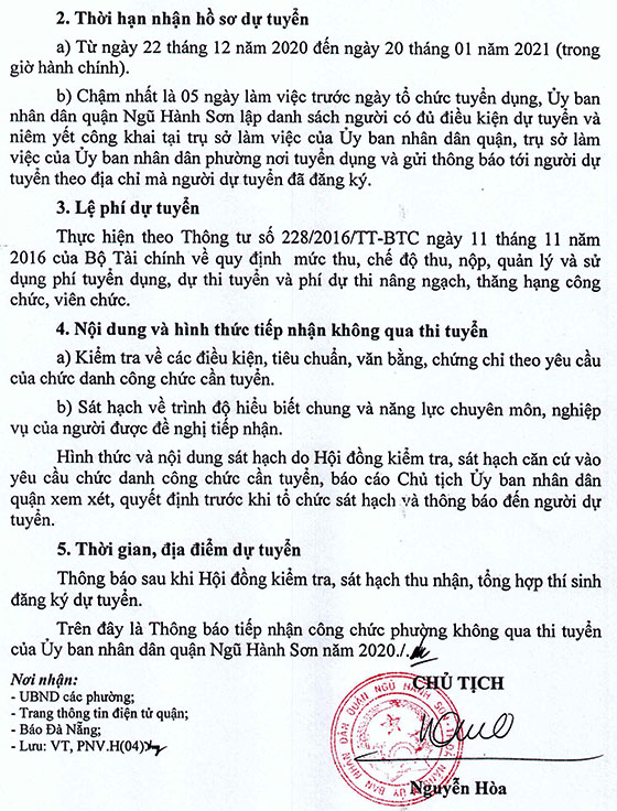 UBND quận Ngũ Hành Sơn, TP. Đà Nẵng tiếp nhận công chức cấp phường không qua thi tuyển năm 2020