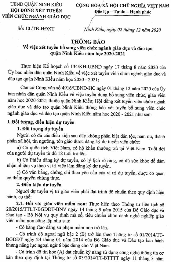 UBND quận Ninh Kiều, Cần Thơ tuyển dụng viên chức giáo dục năm học 2020-2021