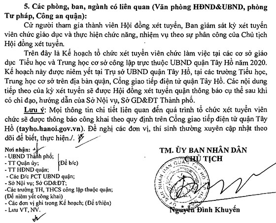 UBND quận Tây Hồ, TP.Hà Nội tuyển dụng giáo viên và nhân viên trường học năm 2020