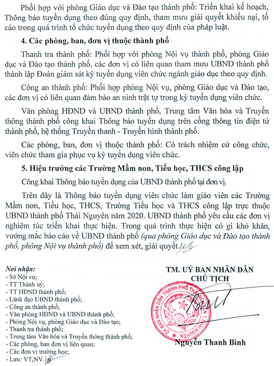 UBND thành phố Thái Nguyên tuyển dụng giáo viên các cấp năm 2020