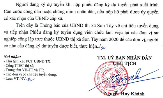 UBND thị xã Sơn Tây, TP.Hà Nội tuyển dụng viên chức năm 2020