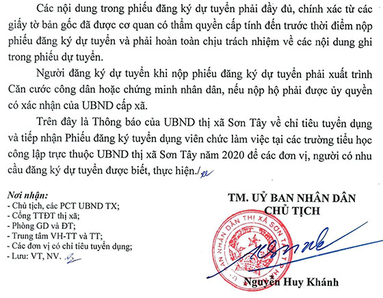 UBND thị xã Sơn Tây, TP.Hà Nội tuyển dụng giáo viên tiểu học năm 2020