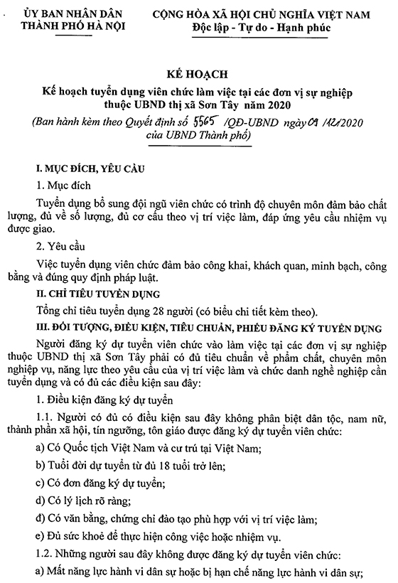 UBND TP. Hà Nội tuyển dụng viên chức làm việc tại các đơn vị sự nghiệp thuộc UBND thị xã Sơn Tây năm 2020