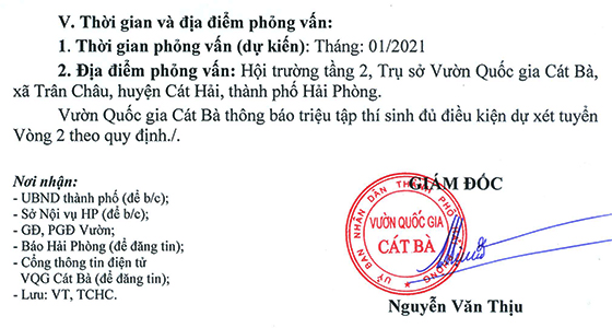 Vườn Quốc gia Cát Bà, Hải Phòng tuyển dụng viên chức năm 2020