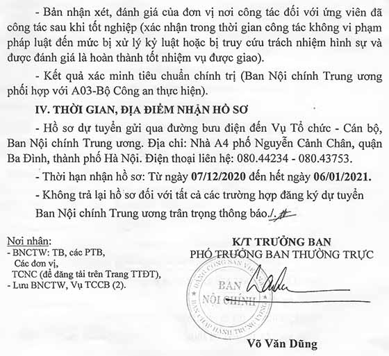 Ban Nội chính Trung ương tuyển dụng công chức năm 2020