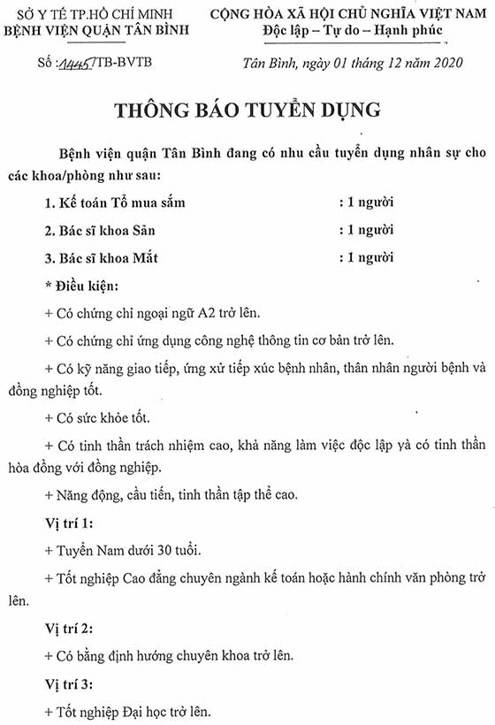 Bệnh viện quận Tân Bình, TP. Hồ Chí Minh tuyển dụng nhân sự năm 2020