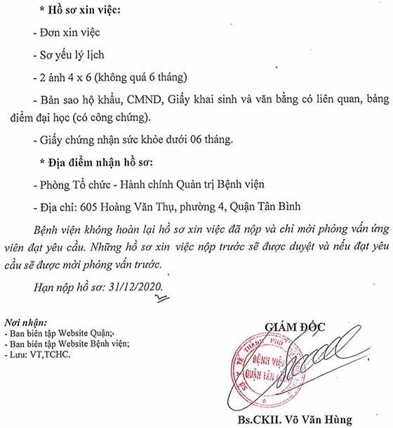 Bệnh viện quận Tân Bình, TP. Hồ Chí Minh tuyển dụng nhân sự năm 2020