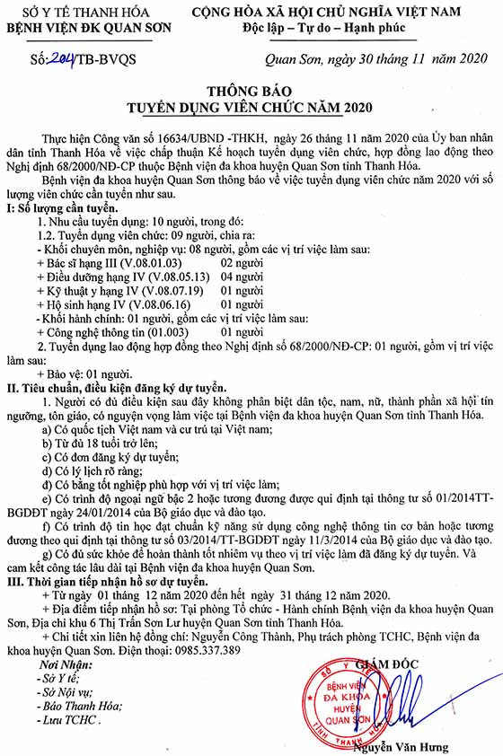 Bệnh viện đa khoa huyện Quan Sơn, Thanh Hóa tuyển dụng viên chức và lao động hợp đồng năm 2020