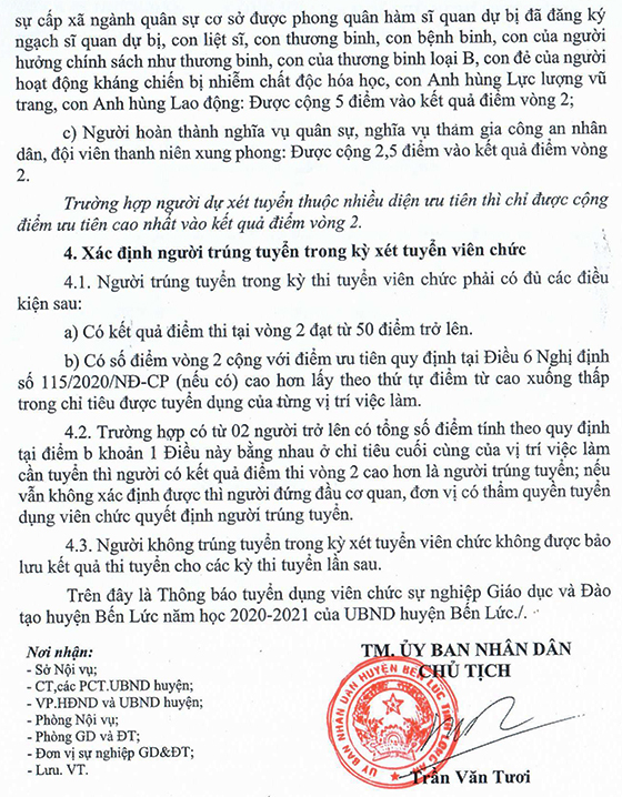 UBND huyện Bến Lức, Long An tuyển dụng viên chức giáo dục năm 2020