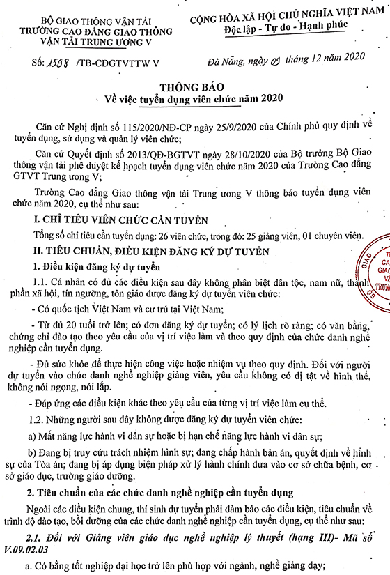 Trường Cao đẳng Giao thông vận tải Trung ương V tuyển dụng viên chức năm 2020 Trường Cao đẳng Giao thông vận tải Trung ương V tuyển dụng viên chức năm 2020