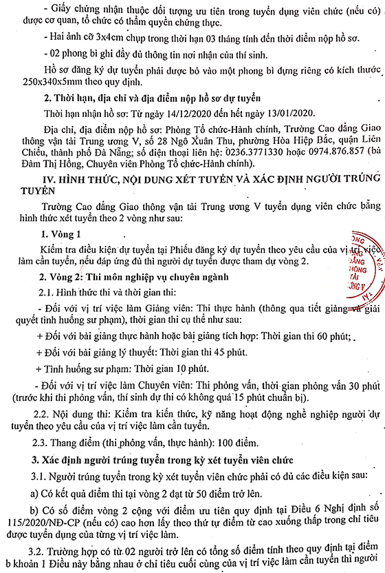 Trường Cao đẳng Giao thông vận tải Trung ương V tuyển dụng viên chức năm 2020