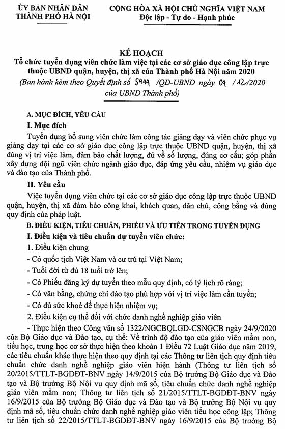 UBND thành phố Hà Nội tuyển dụng viên chức giáo dục trực thuộc UBND quận, huyện, thị xã năm 2020