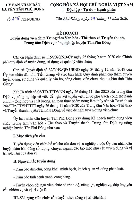 UBND huyện Tân Phú Đông, Tiền Giang tuyển dụng viên chức năm 2020