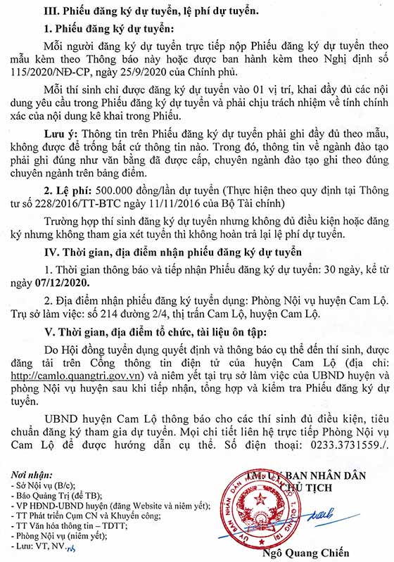 UBND huyện Cam Lộ, Quảng Trị tuyển dụng viên chức sự nghiệp năm 2020