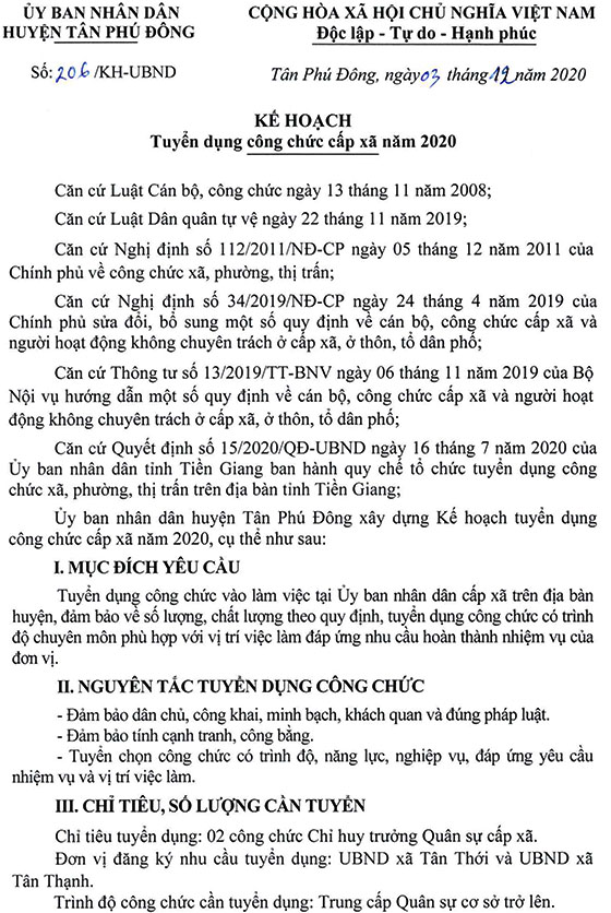 UBND huyện Tân Phú Đông, Tiền Giang tuyển dụng công chức cấp xã năm 2020