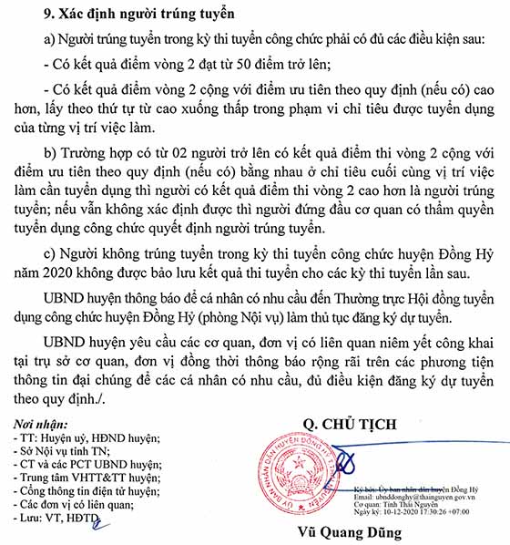 UBND huyện Đồng Hỷ, Thái Nguyên tuyển dụng công chức năm 2020