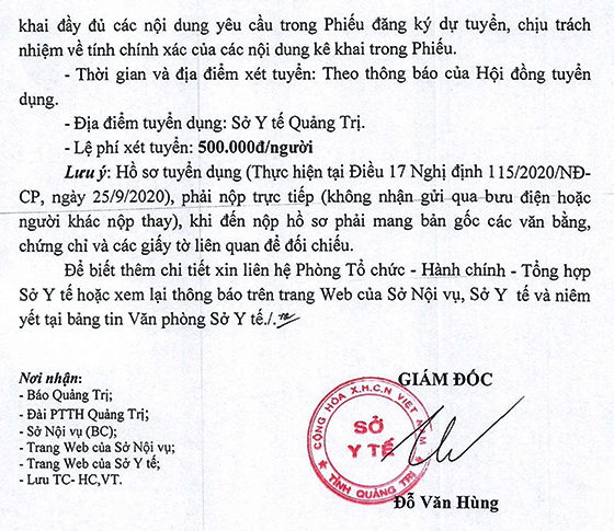 Sở Y tế Quảng Trị tuyển dụng viên chức cho các đơn vị sự nghiệp y tế năm 2020