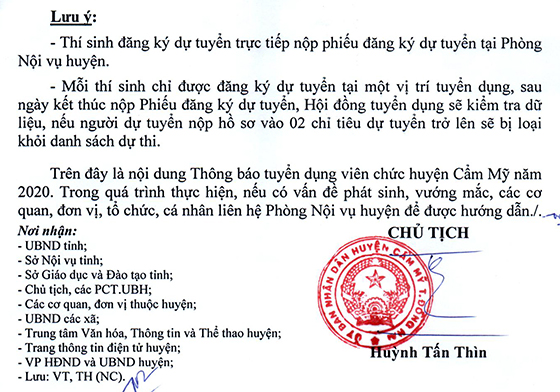 UBND huyện Cẩm Mỹ, Đồng Nai tuyển dụng giáo viên và nhân viên trường học năm 2020