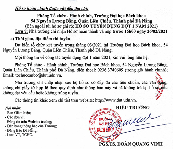 Đại học Bách Khoa - ĐH Đà Nẵng tuyển dụng viên chức đợt 1 năm 2021