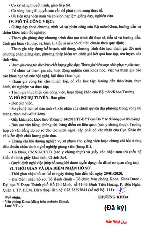 Đại học Y dược TP. Hồ Chí Minh tuyển dụng giảng viên năm 2021