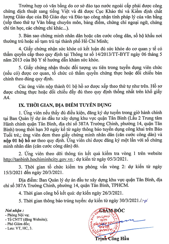BQL dự án xây dựng khu vực quận Tân Bình, TP. Hồ Chí Minh tuyển dụng viên chức năm 2021