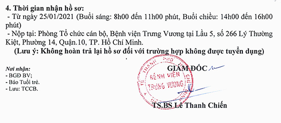 Bệnh viện Trưng Vương tuyển dụng lao động năm 2021