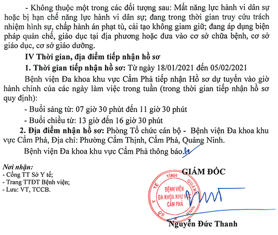 Bệnh viện ĐKKV Cẩm Phả, Quảng Ninh tuyển dụng LĐHĐ năm 2020