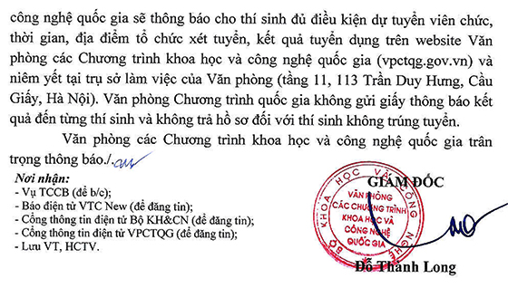 VP Các Chương trình KH và CN quốc gia - Bộ Khoa học và Công nghệ tuyển dụng viên chức năm 2020